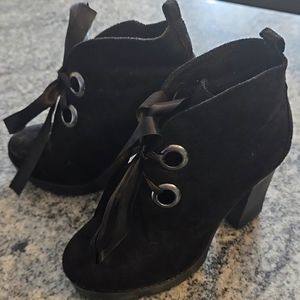 Black faux suede ribbon tie ankle platform boots